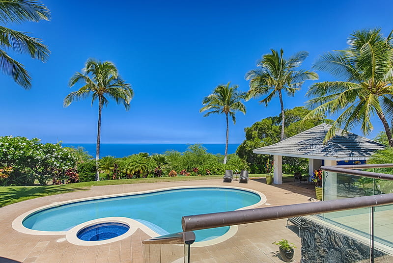 Blue Pool Hawaii, polynesia, house, sun, Hawaii, villa, sea, beach, sand, swimming, luxury, blue, exotic, islands, view, ocean, pacific, pool, paradise, island, tropical, kauai, hawaiian, HD wallpaper