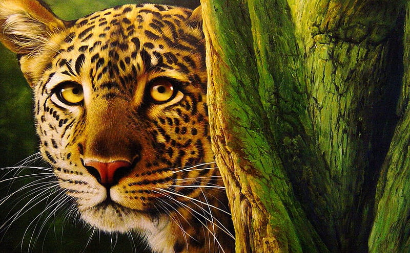 Peeking, emotions, cg, elegance, loveliness, love, bright, best, face, art, big cat, attractiveness, delight, grace, marvelo, cats, emotion, artistic, gold eyes, savannah, charm, bonito, fine art, delightfully, green, painting, gorgeous, animals, forest, attraction, dark, kitten, tree trunk, leopard, oil painting, orange, yellow, fascination, excited, paintings, jungle, beauty, harmony, lovely, kitty, black, beautifully, cat, abstract, cute, feline, cool, eyes, colorful, brown, leopards, elegant, animal, clear , harmonious, exotic animal, exotic, clear, colors, yellow eyes, charming, 3d, attractive, HD wallpaper