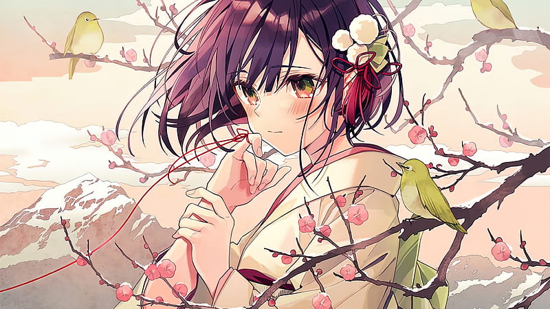Bird Cherry Blossom Green Eyes Kimono Short Hair Girl Anime, HD ...