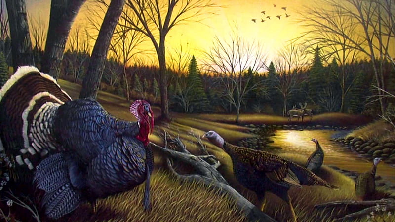 Late Autumn, turkeys, water, painting, sunset, reflection, trees, artwork, HD wallpaper