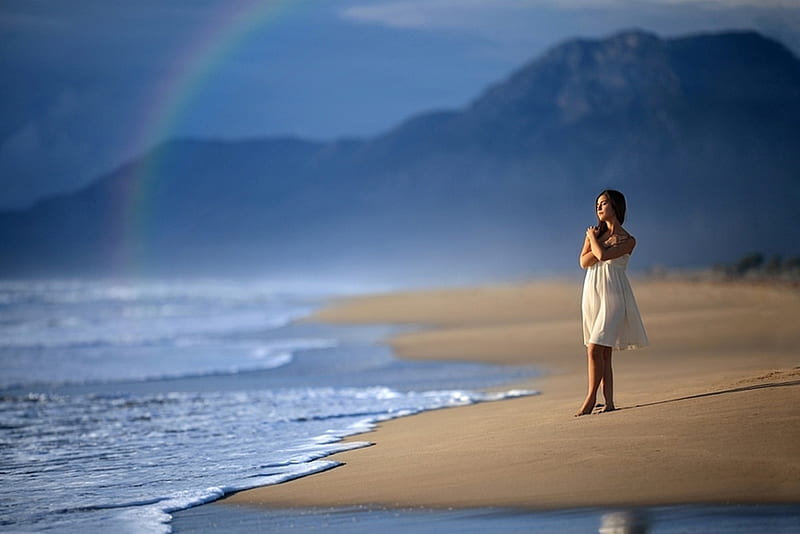 Holding you in thoughts, thoughts about you, colorful, rock, dreams, rainbow, sea, sweet, beach, mountain, sand, tenderness, dreamer, love, thoughts, sunny day, feeling, dreamer girl, ocean, colors, sky, hold, hug, i miss you, water, girl, sunshine, white dress, HD wallpaper