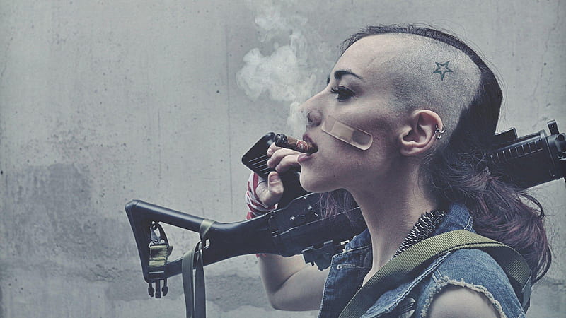 Girl Is Smoking Shaving One Side Of Head Having Gun On Shoulder Badass, HD wallpaper