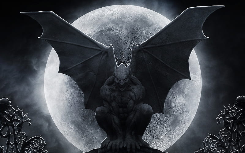 Wallpaper the moon, wings, art, tail, horns, bats, gargoyle, Omuk for  mobile and desktop, section фантастика, resolution 1920x1443 - download