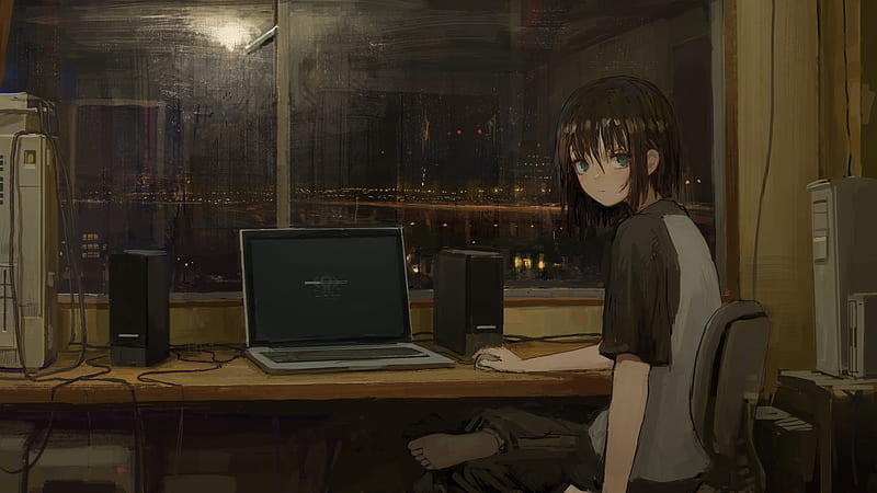 anime girl, room, bored, brown hair, slice of life, nice view, Anime, HD wallpaper