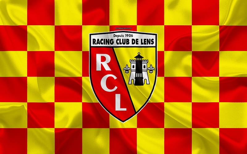 RC Lens logo, creative art, yellow-red checkered flag, French football club, Ligue 2, new emblem, silk texture, Lens, France, football, HD wallpaper