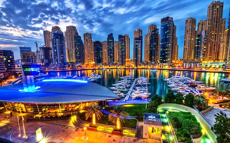 Dubai, R, dock, nightscapes, UAE, skyscrapers, pier, United Arab Emirates, HD wallpaper
