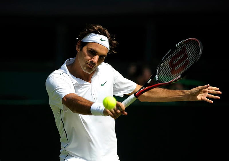 Roger Federer, male, racquet, white t-shirt, tennis player, strong arm, HD wallpaper