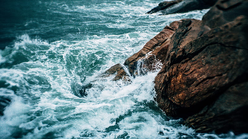water, rock, waves, sea, shore, HD wallpaper