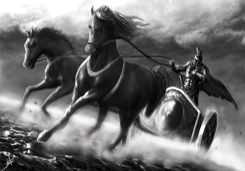 Roman Warrior, roman, chariot, horse, abstract, sky, horses, fantasy, warrior, HD wallpaper