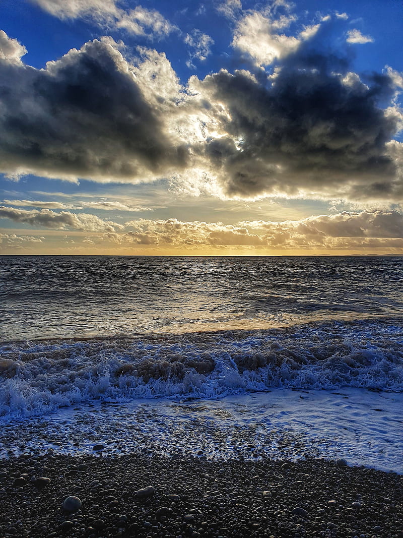 sea, pebbles, coast, horizon, sky, HD phone wallpaper