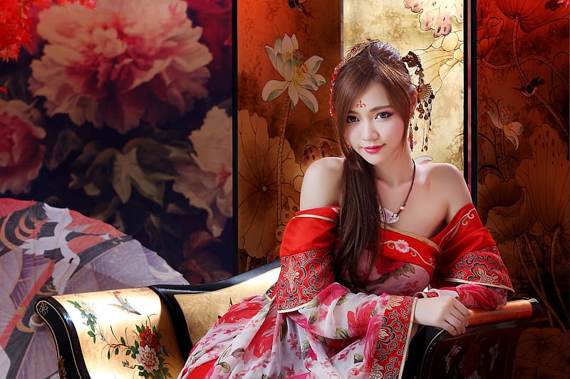 Floral, Dress, Brunette, Model, Women, Asian, Lipstick, Traditional Costume, HD wallpaper