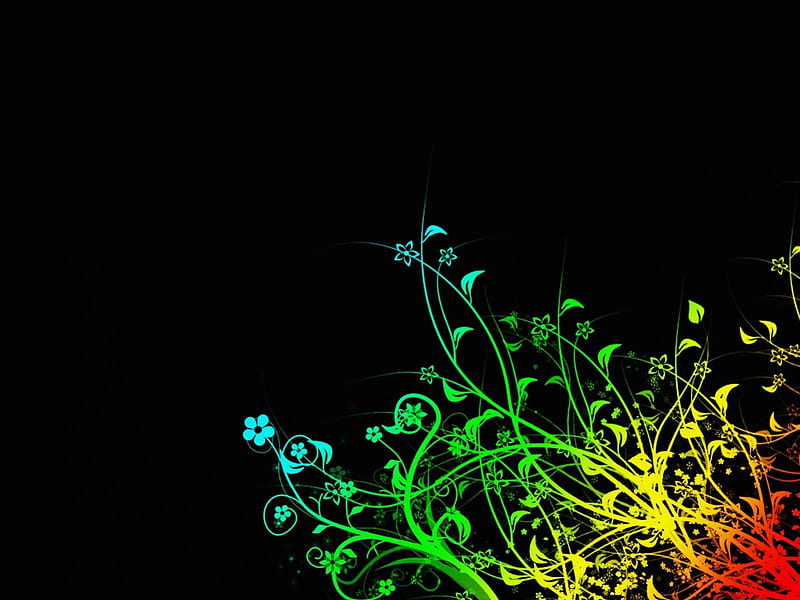 Rainbow Floral, red, simple rainbow, orange, black, yellow, abstract, floral, green, flowers, blue, HD wallpaper