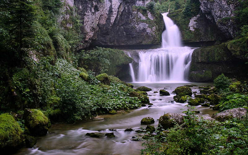 Billaude Waterfall, Jura, France, France, Waterfall, Rocks, Nature, HD wallpaper