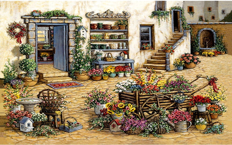 COURTYARD FLOWER SHOP, colorful, courtyard, cottage, flowers, cobblestones, HD wallpaper