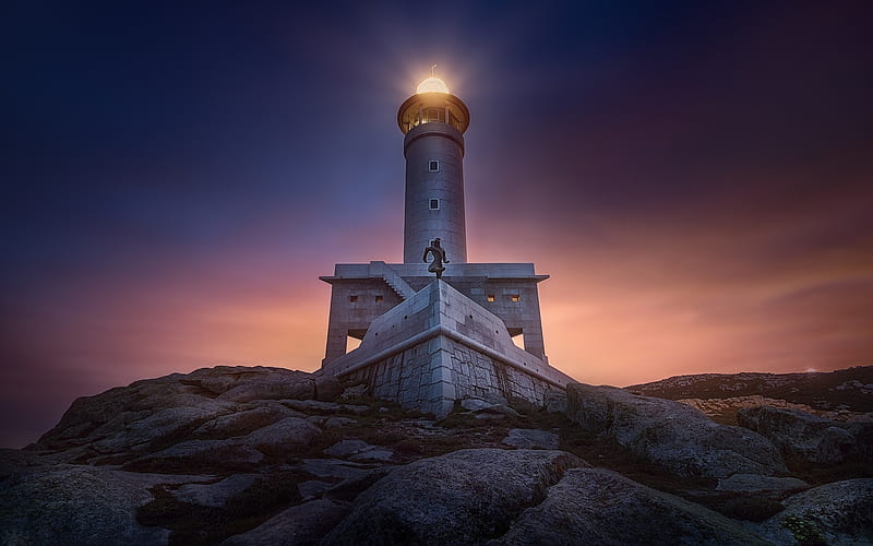 Malpica de Bergantinos, lighthouse, sunset, evening, coast, Atlantic Ocean, La Coruña, Galicia, Spain, HD wallpaper