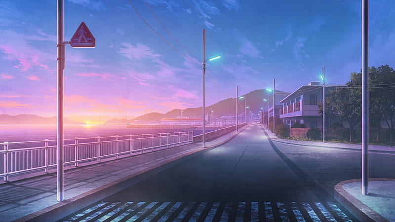 Anime, Original, Coast, Street, Sunset, HD wallpaper