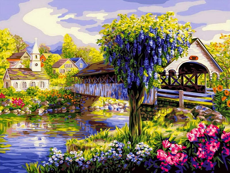 que, shore, cottages, covered, countryside, calm, bridge, painting, village, flowers, river, art, houses, spring, creek, sky, trees, serenity, peaceful, blossoms, flowering, nature, blooming, HD wallpaper