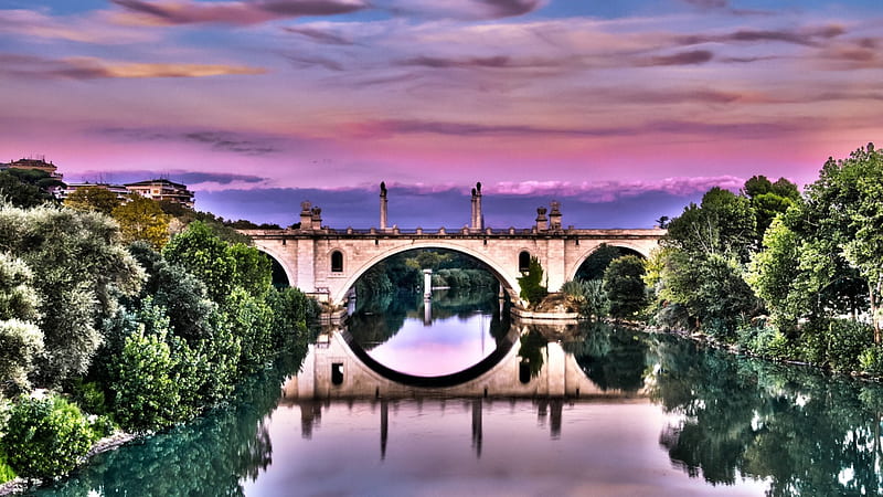 ancient bridge in rome r, bridge, colors, r, trees, clouds, rver, HD wallpaper
