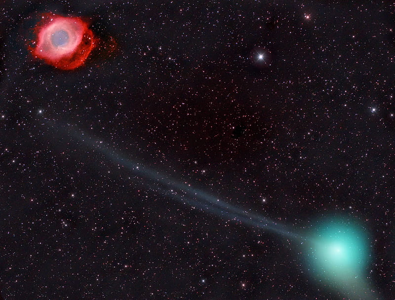 Comet PanSTARRS and the Helix Nebula, stars, cool, nebula, comet, space, fun, galaxy, HD wallpaper