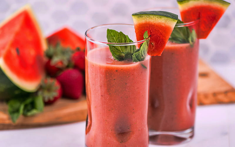watermelon smoothies berries, fruits, breakfast, smoothie in glassful, healthy food, smoothie glasses, watermelon, fruit smoothies, smoothies with watermelon, HD wallpaper