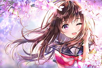 anime girl, wink, cherry blossom, cute, school uniform, smiling, Anime, HD wallpaper