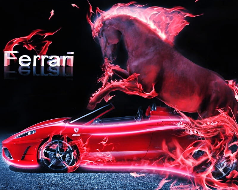 Ferrari, car, fire, flame, horse, red car, speed, wheels, HD wallpaper