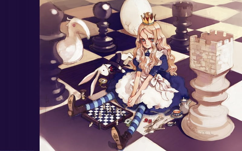 ~Queen Alice~, chess pieces, alice, wonderland, dice, tea, glass, anime, crown, bunny, looking, chess, HD wallpaper
