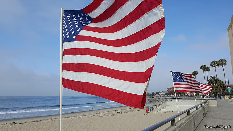 Old Glory in Motion on Memorial Day, Sand, United States, Memorial, Sky, California, Ocean, beach, Flag, HD wallpaper