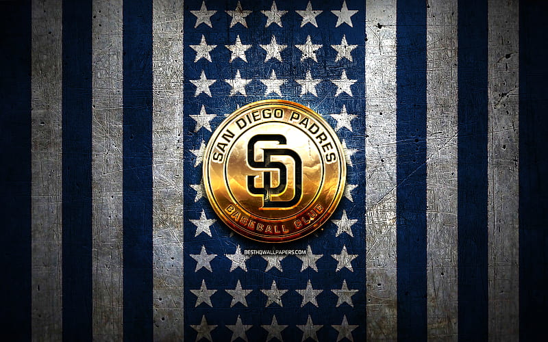 San Diego Padres flag, MLB, blue white metal background, american baseball team, San Diego Padres logo, USA, baseball, San Diego Padres, golden logo, HD wallpaper