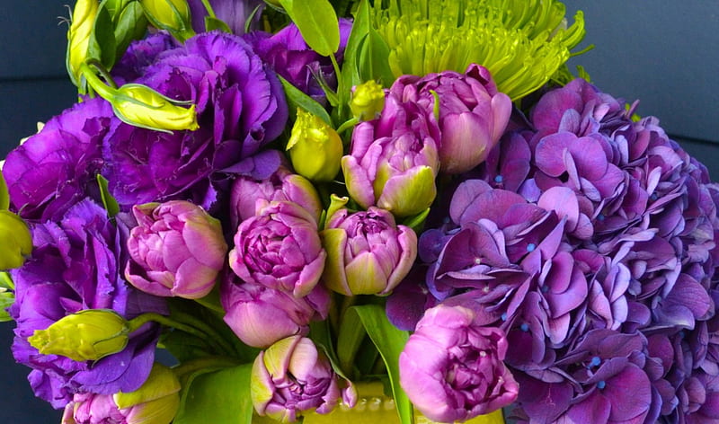 Bouquet, Eustoma, Chrysanthemum, Tulip, Chrysanthemums, Rose, Tulips, green, purple, Bouquets, Hydrangea, nature, violet, Flowers, Roses, Flower, HD wallpaper