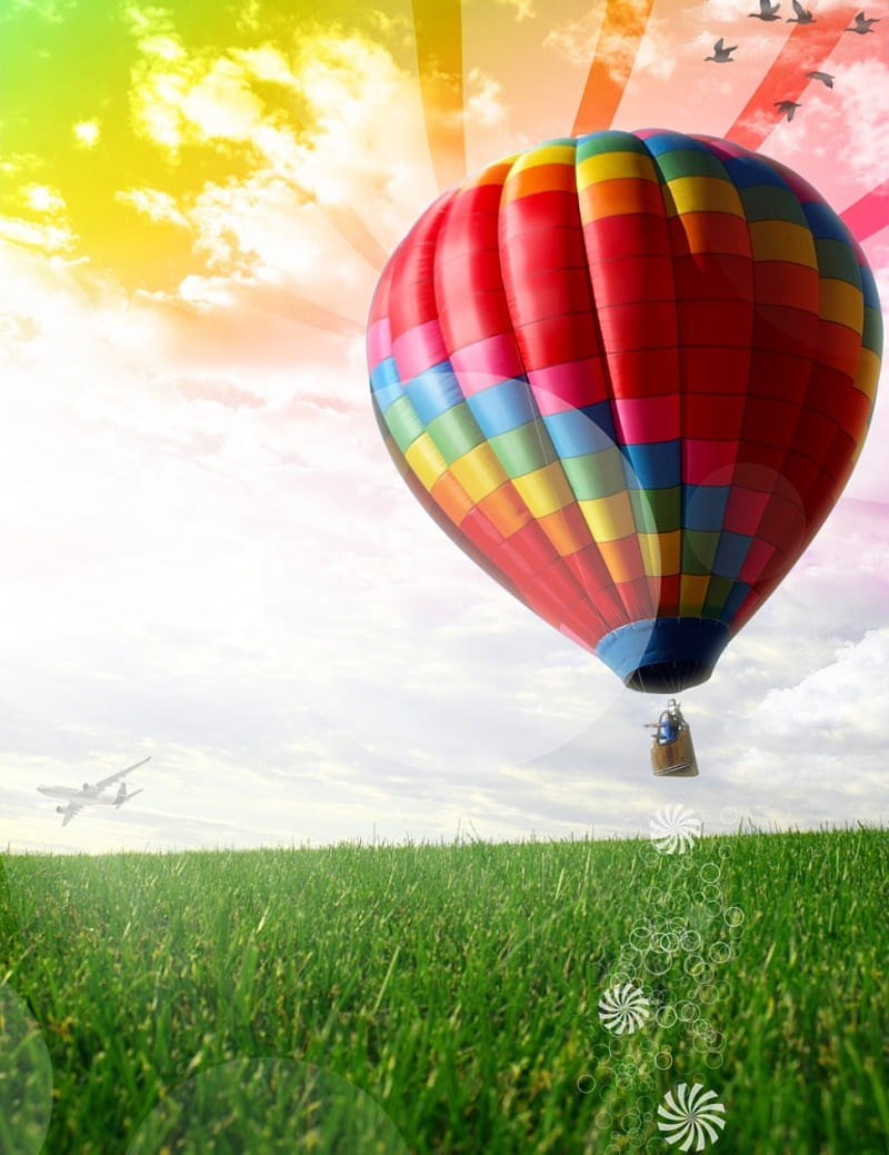 Balloon & Sky Ultra, Aero, Creative, Fantasy, surreal, colorful, sky, hot air balloon, field, HD phone wallpaper