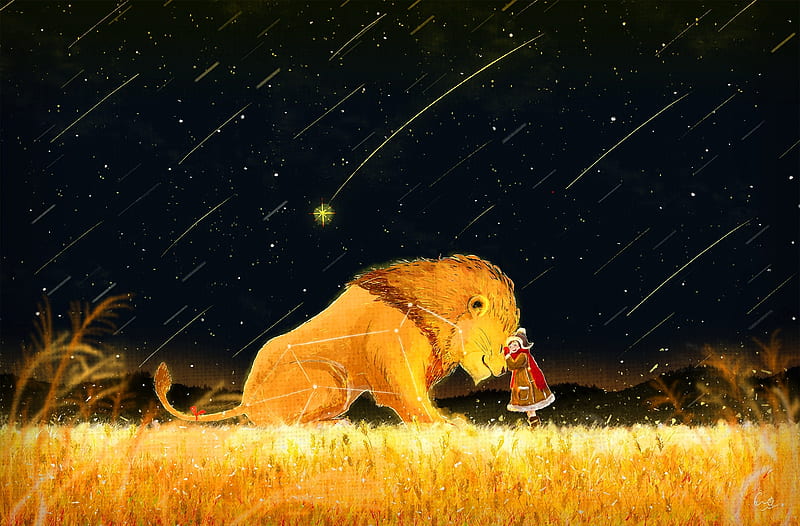 lion and kid, falling stars, anime landscape, scenic, night, Anime, HD wallpaper