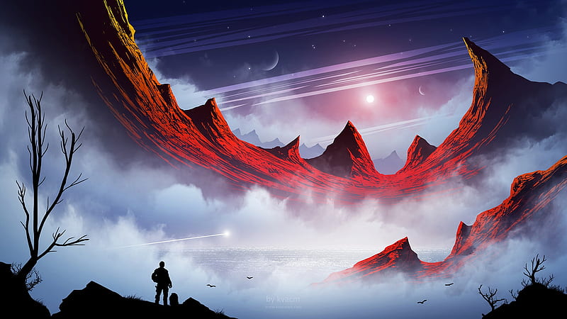 fantasy landscape, mountains, man, planets, sci-fi, Fantasy, HD wallpaper
