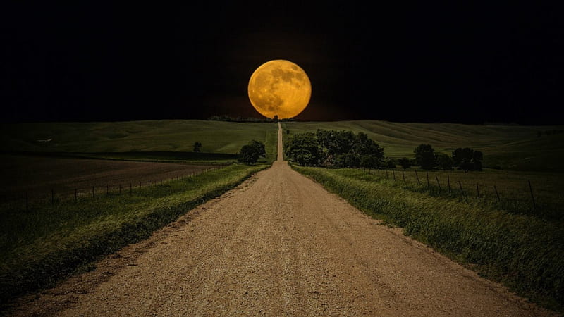 straight road to a super moon, hills, moon, fields, road, night, HD wallpaper