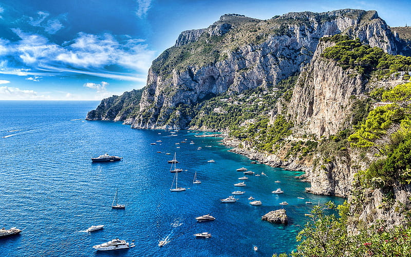 Capri, Italian island, Tyrrhenian Sea, Campania, summer, seascape, mountain landscape, bay, yachts, rocks near the sea, summer travel, Italy, HD wallpaper