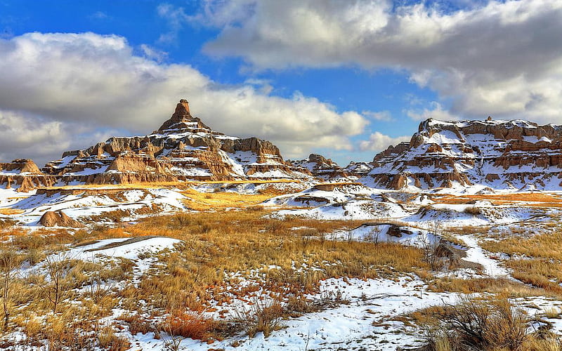 Badlands in snow, usa, mountains, landscape, South Dakota, clouds, sky, HD wallpaper