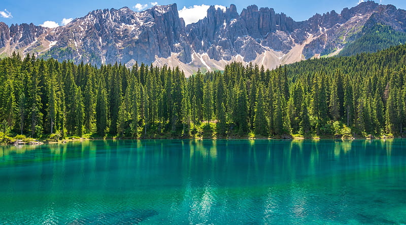 Karersee Lake, Dolomites Mountains, Italy Ultra, Nature, Lakes, Scenery, Lake, Italy, Europe, Mountainscape, karersee, dolomites, crystalclearwater, HD wallpaper