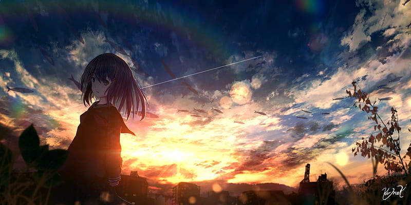 Anime, Original, Girl, Sky, Sunset, Uniform, HD wallpaper | Peakpx