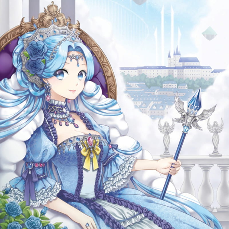 Sky Queen, pretty hair, dress, divine, queen, bonito, sublime, sweet, nice, fantasy, throne, anime, royalty, beauty, anime girl, gorgeous, blue, female, cloud, lovely, gown, palace, girl, lady, scene, angelic, maiden, HD wallpaper
