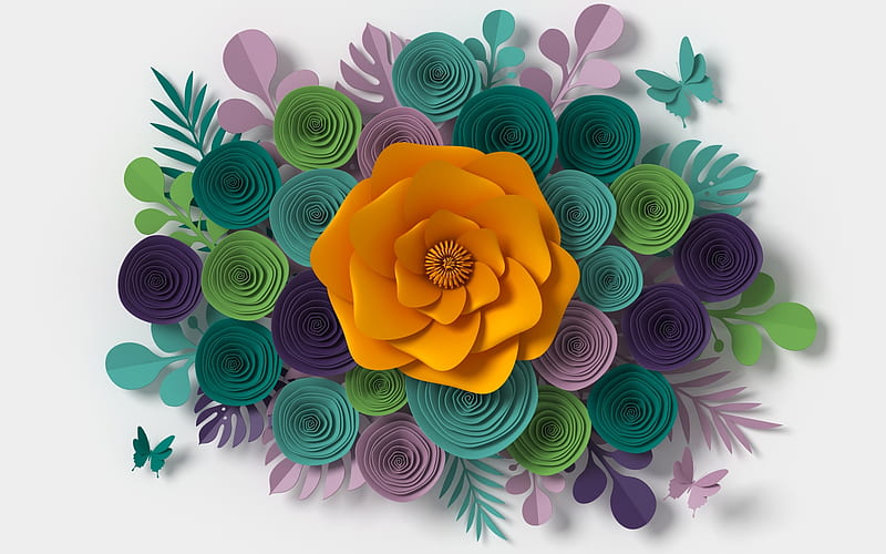 Flowers, green, orange, texture, flower, paper, pink, card, HD wallpaper