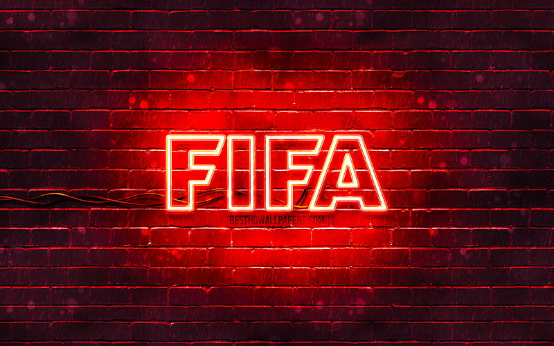 FIFA red logo red brickwall, FIFA logo, football simulator, FIFA neon logo, FIFA, HD wallpaper