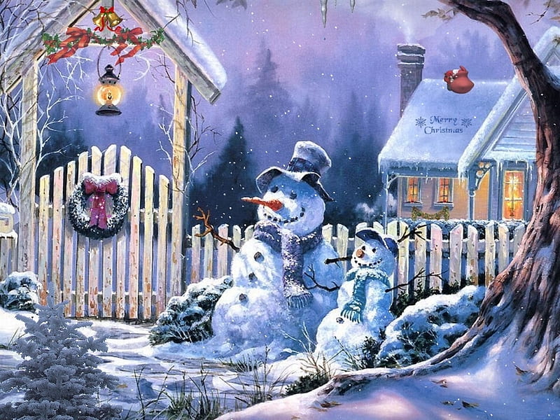 Snowman, bless, christmas, snow, houses, winter, HD wallpaper