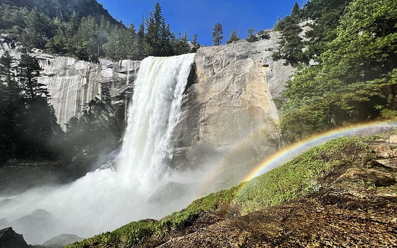 Vernal Falls, Yosemite, california, usa, river, cascades, trees, rocks, HD wallpaper
