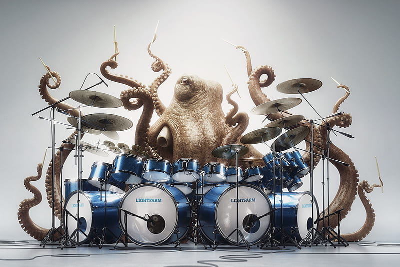 :-), vara, fantasy, octopus, drummer, funny, caracatita, creative, blue, summer, HD wallpaper