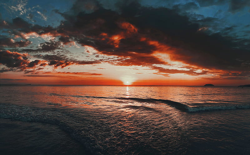 sunset, sea, waves, horizon, dusk, HD wallpaper