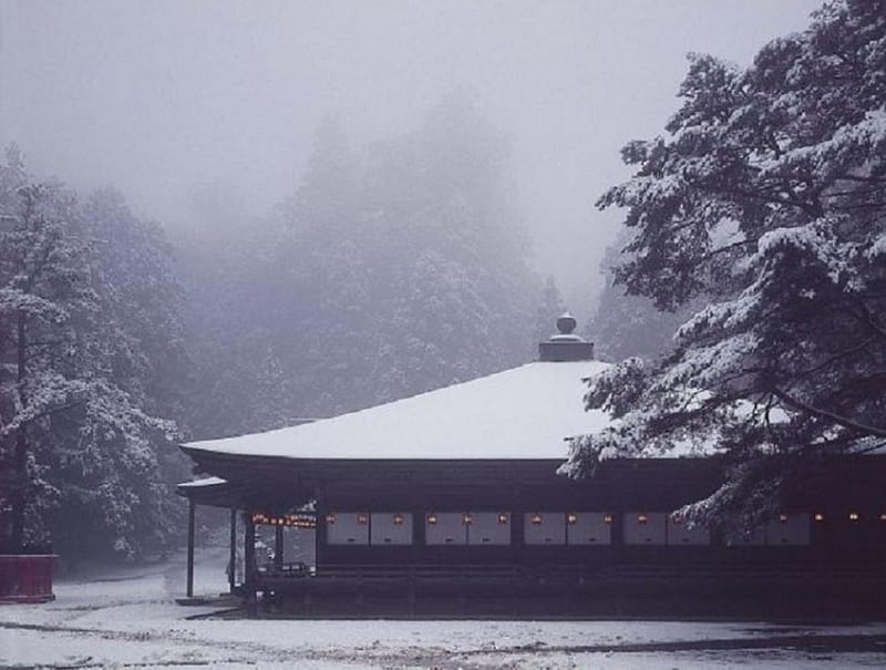 Miedo in Koyasan, japan, japanese, snow, shrine, temple, nature, winter, HD wallpaper