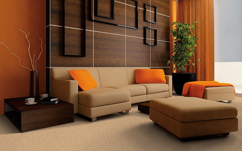stylish living room, modern interior design, brown leather sofa, wooden panels on the wall, stylish interiors, HD wallpaper