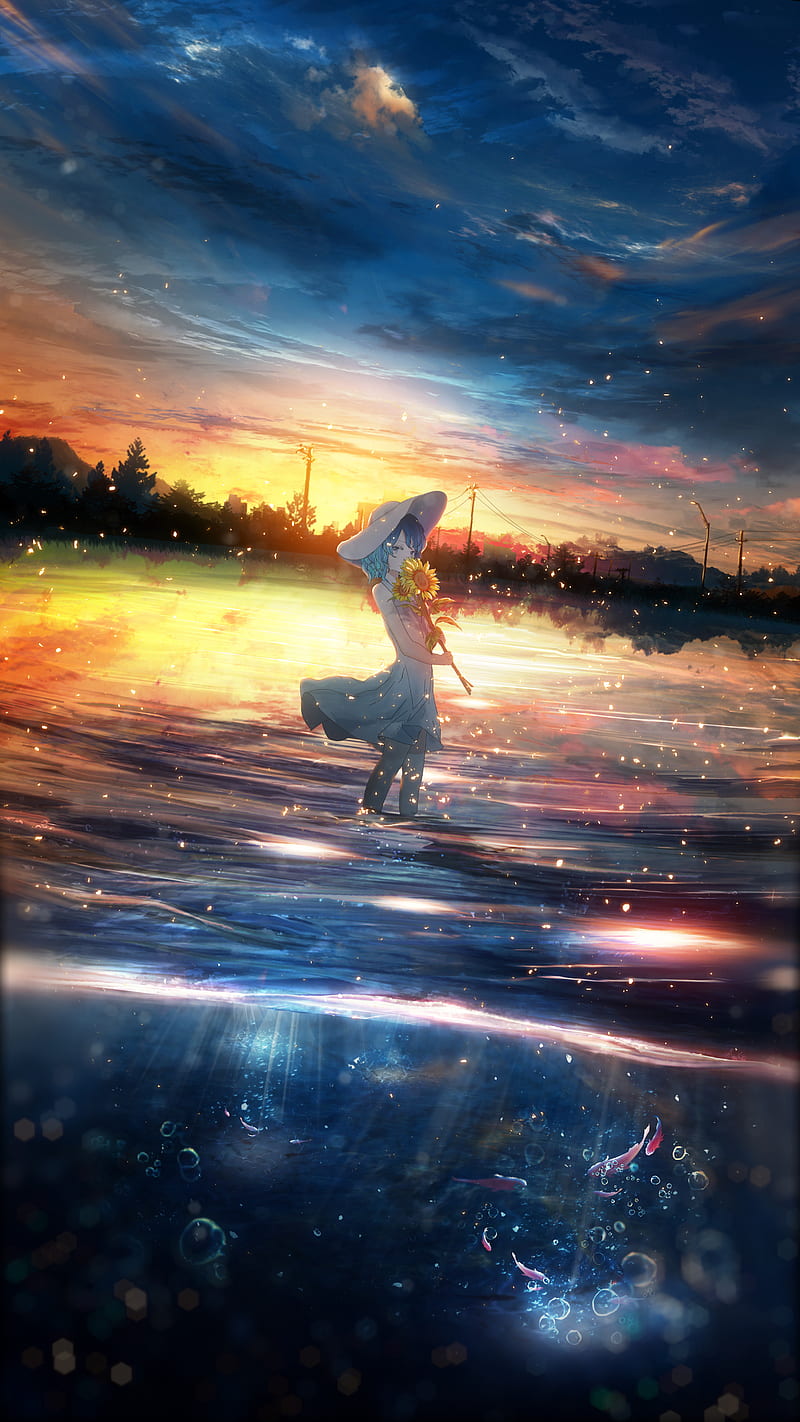 Anime, anime girls, original characters, water, sky, clouds, sunflowers,  short hair, HD phone wallpaper | Peakpx
