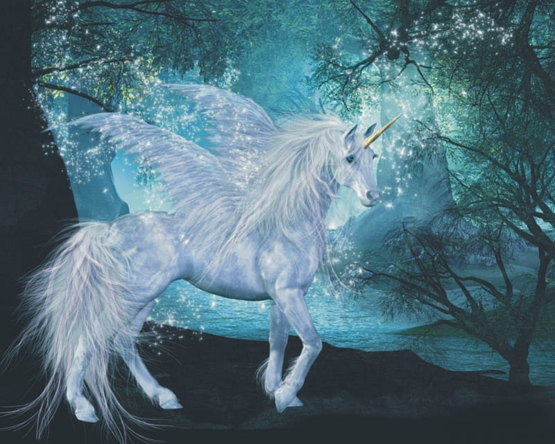 Pegicorn, forest, wings, unicorn, trees, horse, fly, fantasy, pegasus, pegacorn, white, blue, HD wallpaper