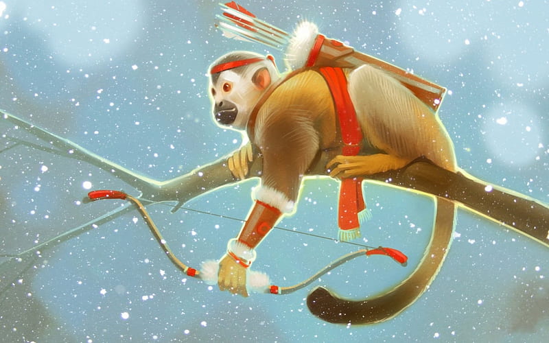 The monkey archer, red, 2016, art, craciun, christmas, zodiac, new year, animal, winter, arrow, monkey, fantasy, chinese, archer, HD wallpaper